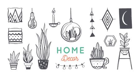 Home decor and House plants vector hand drawn set. Home decorations and interior design elements.Isolated boho and scandinavian cartoonのイラスト素材