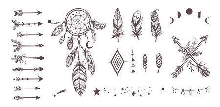 Boho style vector collection for tattoo, icon, flyers,cards with dreamcatcher ,feathers,moon,wild,arrowのイラスト素材
