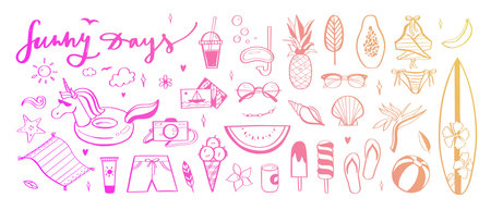 Big set of Summer vector design doodle elements. Beach collection, tropical fruits, swimsuit,...