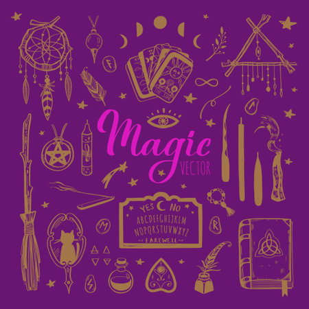 Witchcraft, magic background for witches and wizards. Wicca and pagan tradition. Vector vintage collection. Hand drawn elements candles, book of shadows, potion, tarot cards etc.のイラスト素材