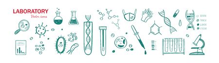 Medical Laboratory research vector hand drawn icons set. Different elements chemical test, dna, bacteria, virus, blood testのイラスト素材