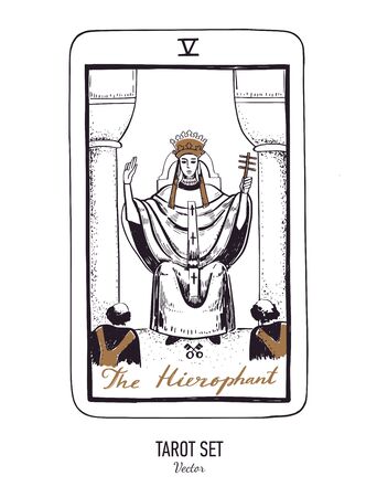 Vector hand drawn Tarot card deck. Major arcana the Hierophant. Engraved vintage style. Occult, spiritual and alchemyのイラスト素材