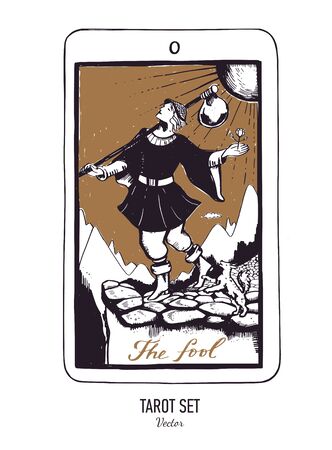 Vector hand drawn Tarot card deck. Major arcana The fool. Engraved vintage style. Occult and alchemyのイラスト素材