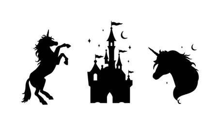 Fairy tale vector silhouette collection with Unicorn and Castleのイラスト素材