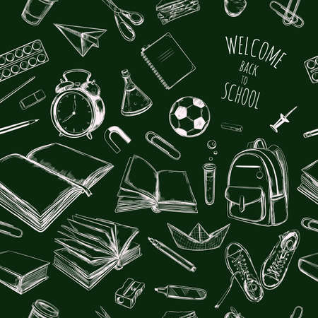 Back to school vector hand drawn seamless pattern, backgroundのイラスト素材