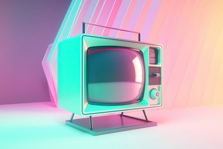 Retro TV set on a colorful background. 3D Renderingの素材