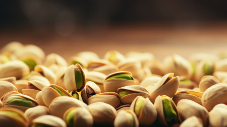 Pistachio nuts on wooden table, shallow depth of fieldの素材