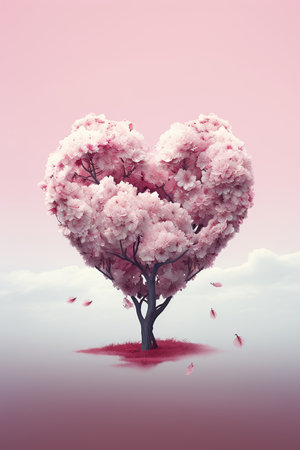 Valentine's day background with heart shaped tree and falling petalsの素材