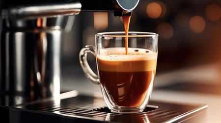 coffee machine making cappuccino in glass, close upの素材