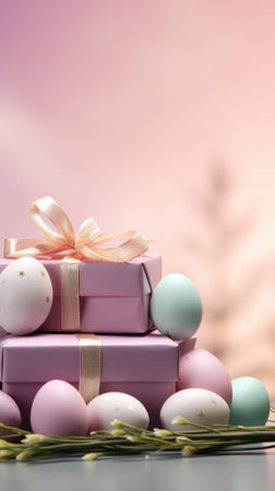 Easter eggs and gift boxes with ribbons on pastel backgroundの素材