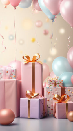 Present boxes holiday background with copy space. Children Birthday party. AI Generative contentの素材