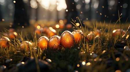 Golden Easter eggs rest in a field, illuminated by the dawn early light. AI Generated contentの素材