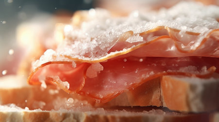 Gourmet ham sandwich, fresh lettuce, tomatoes, on rustic wood, sunlit, AI Generated Contentの素材