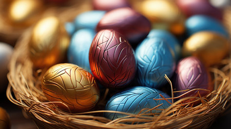 Colorful easter eggs in a basket, close up, horizontalの素材