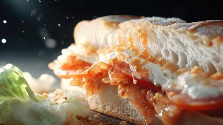Close-up of a tasty sandwich with cheese, tomato and lettuceの素材