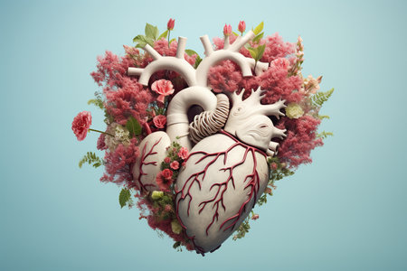 Heart with human organs and flowers on blue background. 3d renderingの素材