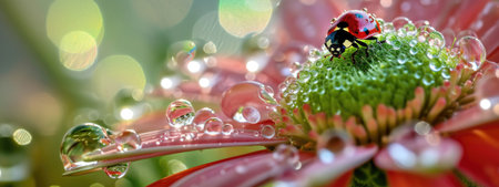 Beautiful macro close up of ladybug on flower with dew dropsの素材
