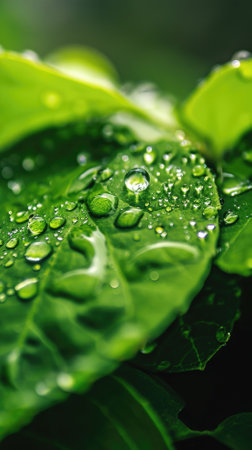 Green leaf with water drops close up. Natural background. Selective focus.の素材
