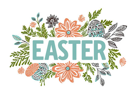 Easter card with eggs, flowers and leaves. Vector illustration.の素材