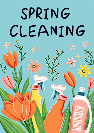 Spring cleaning concept. Hand drawn vector illustration with flowers and bottles of detergent.の素材