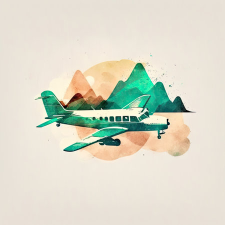 Airplane in the mountains. Watercolor background. Vector illustration.の素材