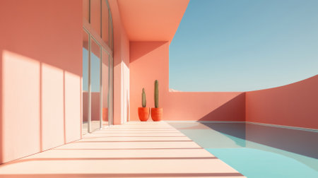 Interior of a room with pink walls and blue floor. 3d renderingの素材