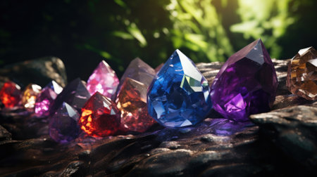 Gemstones on wooden background. Gemstones on black background.の素材