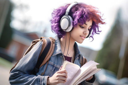 Portrait of a beautiful young girl with purple hair and headphones listening to music.の素材