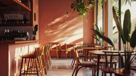 Tables and chairs in a cafe, vintage style, soft focusの素材