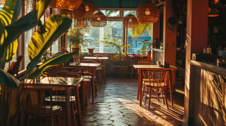 Tables and chairs in a cozy European cafe on a sunny dayの素材
