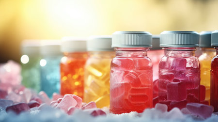 Colorful Translucent Gelatin chewable gummy supplements Background, copy space. AI Generated contentの素材