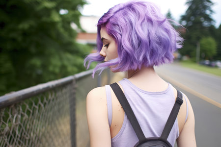 portrait of a beautiful young girl with purple hair on the streetの素材