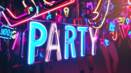 Neon party sign in night club. Nightlife concept. 3D Renderingの素材