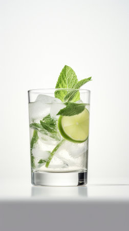 Mojito cocktail with lime, mint and ice on white backgroundの素材