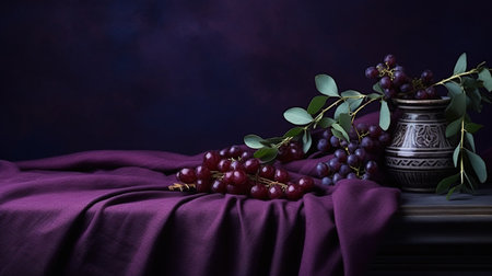 Still life with grapes and eucalyptus branch on dark backgroundの素材