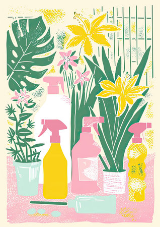 Vector illustration of a set of cosmetic products and plants in a flat style.の素材