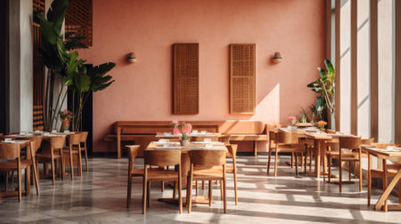Interior of a restaurant with wooden tables, chairs and plants.の素材
