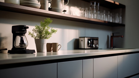 Modern kitchen interior with cup of coffee on countertop, panoramaの素材