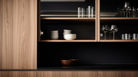 Wooden shelf with vases and utensils in modern kitchenの素材
