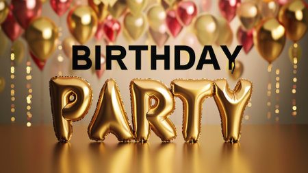 Happy Birthday gold balloon party background. 3D Render Illustration.の素材