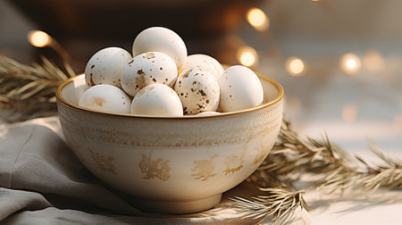 Bowl with quail eggs on table, closeup. Festive decorの素材