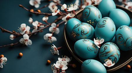 Blue painted easter eggs with spring flowers on a dark background.の素材