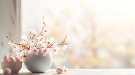 Easter eggs in a vase with spring flowers on the windowsillの素材