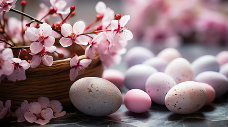 Easter eggs and spring blossom sakura branch on gray backgroundの素材