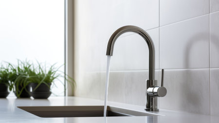 Modern stainless steel faucet on white marble countertop in modern kitchenの素材