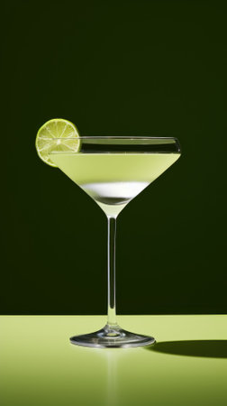 Cocktail with a lime on a green background, vertical.の素材