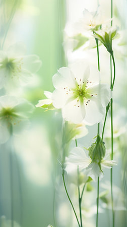 Beautiful white flowers on green background, soft focus, copy spaceの素材
