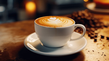 Cup of cappuccino with latte art in cafeの素材