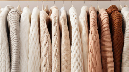 Women's sweaters on hangers in wardrobe, closeup viewの素材