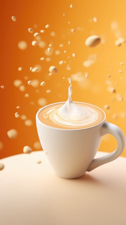 cup of coffee with milk splash on the orange background. 3d renderingの素材